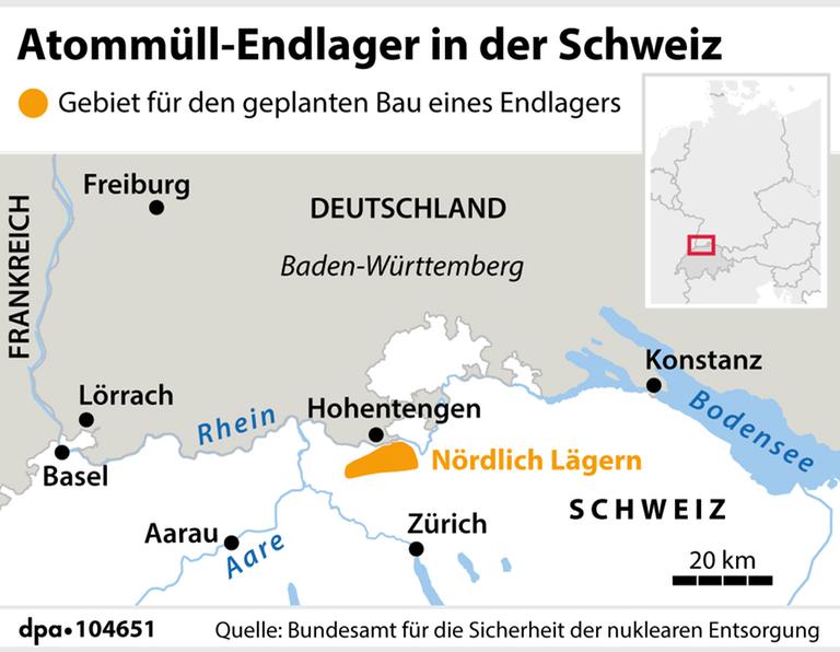 Der Standort des geplanten Atommüll-Endlagers in der Schweiz auf einer Landkarte Der Standort des geplanten Atommüll-Endlagers in der Schweiz auf einer Landkarte