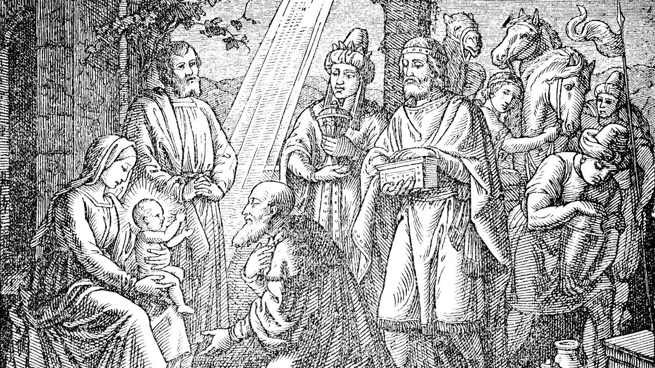 Die Anbetung der heiligen drei Könige, ein Druck aus dem 19. Jahrhundert