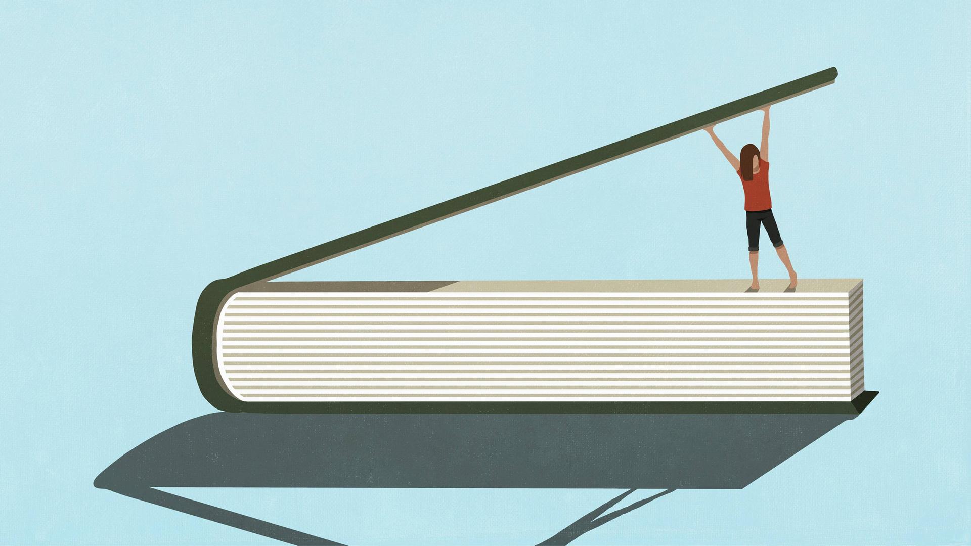 Illustration: Figur hält Buchdeckel hoch. Illustration: Figur hält Buchdeckel hoch.