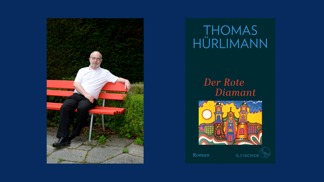 Der Schriftsteller Thomas Hürlimann und das Buchcover "Der rote Diamant"