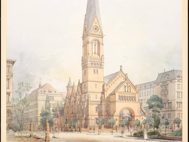 Ein Aquarell von Bernhard Kühn aus dem Jahr 1894 zeigt die Berliner Immanuelkirche und ihren von Bäumem umstandenen Vorplatz.