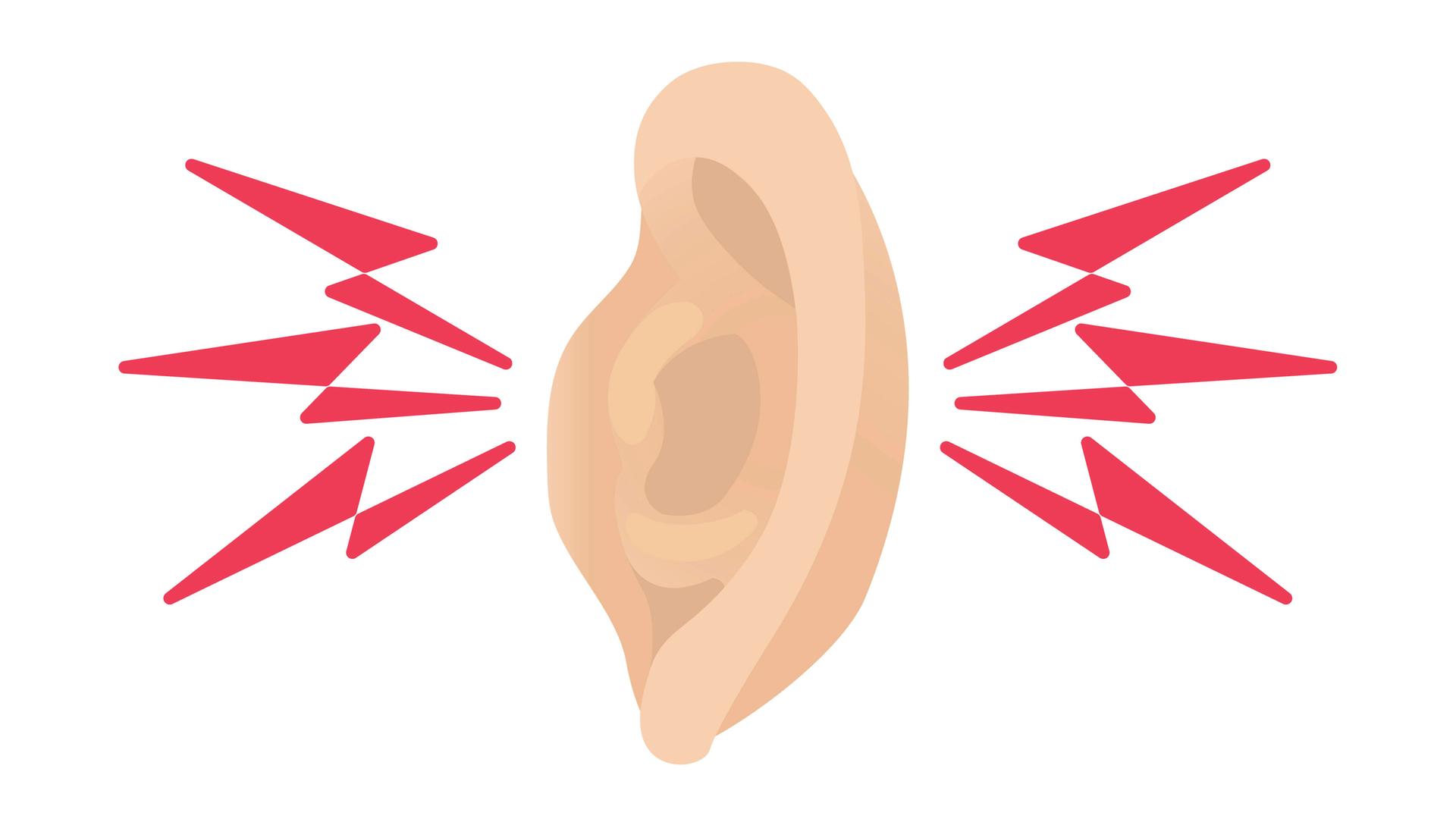 Illustration: Ohr mit Lärmwellen von rechts und links.