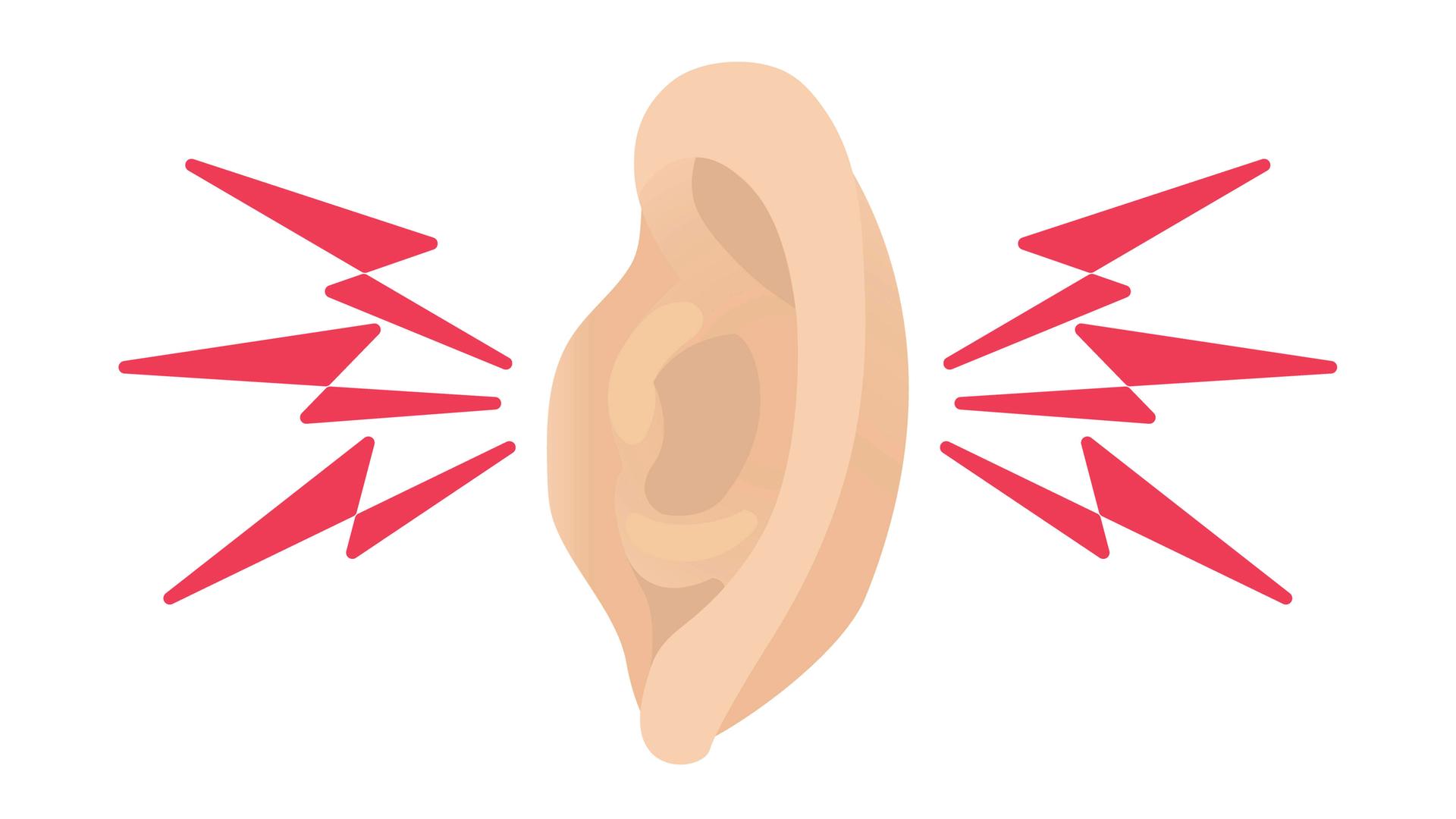 Illustration: Ohr mit Lärmwellen von rechts und links. Illustration: Ohr mit Lärmwellen von rechts und links.