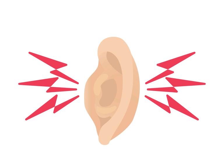 Illustration: Ohr mit Lärmwellen von rechts und links.