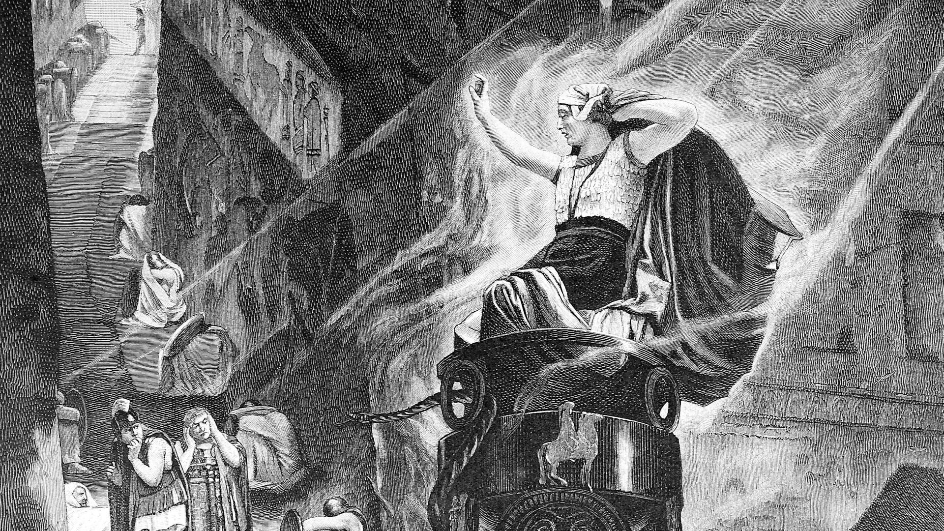 Digitale Reproduktion einer Radierung aus dem 19. Jahrhundert: Priesterin und Gefolge im Orakel von Delphi, Weissagungsstätte des antiken Griechenlands. Digitale Reproduktion einer Radierung aus dem 19. Jahrhundert: Priesterin und Gefolge im Orakel von Delphi, Weissagungsstätte des antiken Griechenlands.