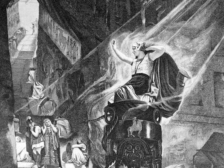 Digitale Reproduktion einer Radierung aus dem 19. Jahrhundert:  Priesterin und Gefolge im Orakel von Delphi, Weissagungsstätte des antiken Griechenlands.