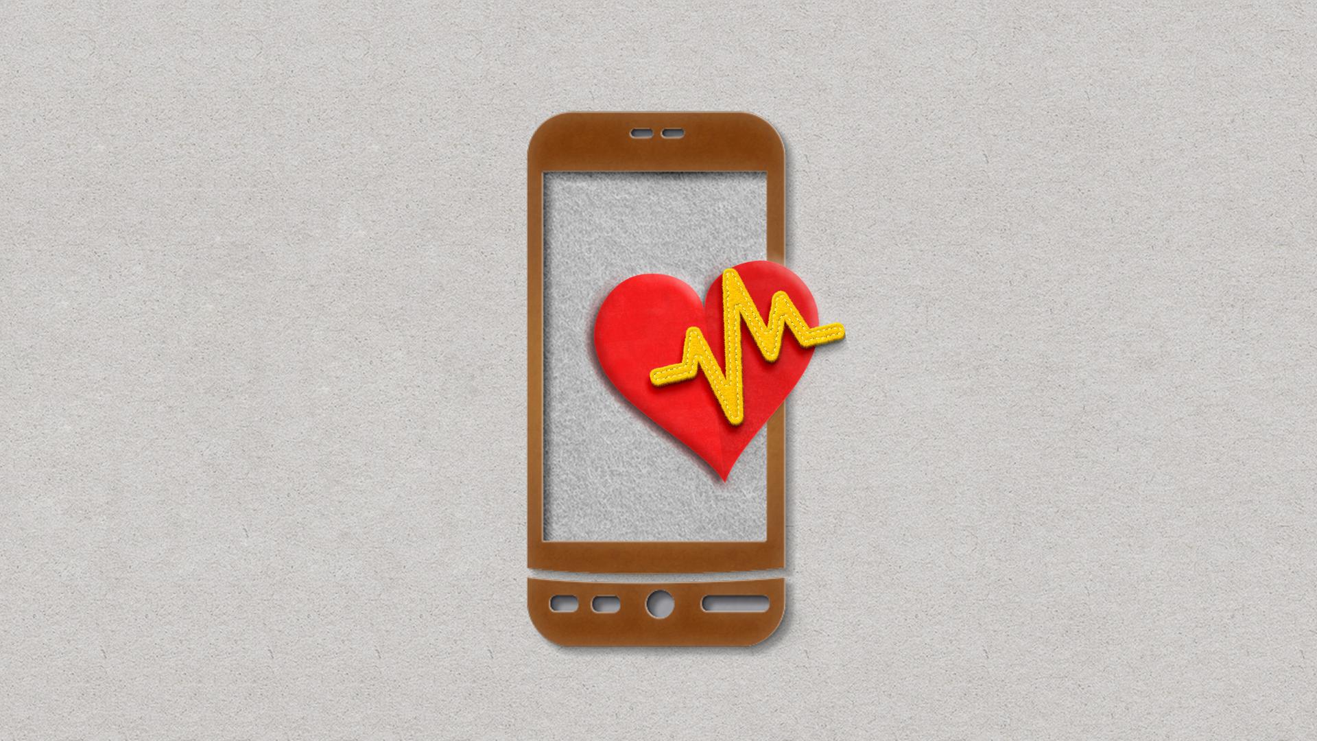 Papierschnitt eines Mobiltelefons mit rotem Herz und und EKG-Kurve. Papierschnitt eines Mobiltelefons mit rotem Herz und und EKG-Kurve.