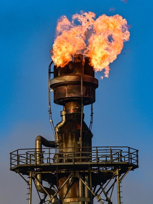 Feuer vor strahlend blauem Himmel: In der PCK-Raffinerie GmbH in Schwedt wird überschüssiges Gas in der Rohölverarbeitungsanlage verbrannt. 