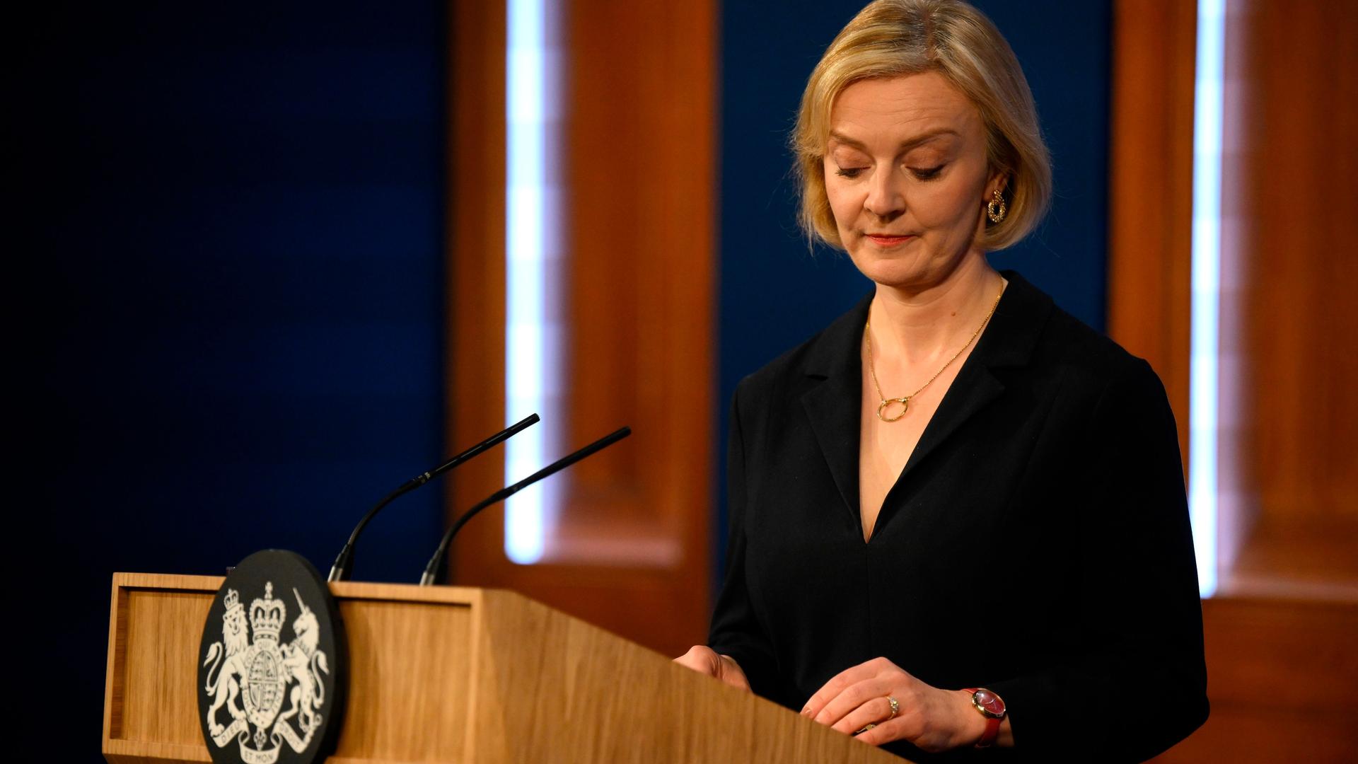 Britain's Prime Minister Liz Truss holds a press conference in the Downing Street Briefing Room in central London, Friday Oct. 14, 2022. Embattled British Prime Minister sacked her Treasury chief and reversed course on sweeping tax cuts Friday as she tried to hang on to her job after weeks of turmoil on financial markets. (Daniel Leal/Pool Photo via AP) Britain's Prime Minister Liz Truss holds a press conference in the Downing Street Briefing Room in central London, Friday Oct. 14, 2022. Embattled British Prime Minister sacked her Treasury chief and reversed course on sweeping tax cuts Friday as she tried to hang on to her job after weeks of turmoil on financial markets. (Daniel Leal/Pool Photo via AP)