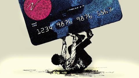Illustration: Ein Mann wird von einer großen Kreditkarte erdrückt.