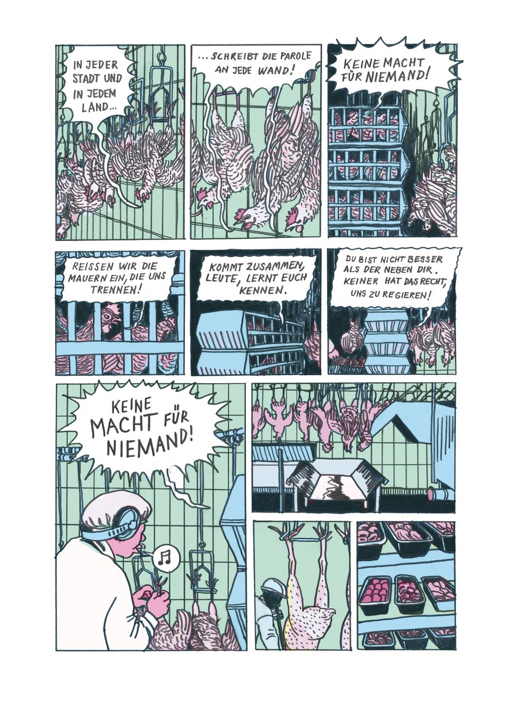 Der Song "Keine Macht für niemand", von Ulli Lust gezeichnet für den Comicband "Keine Macht für Niemand – ein Ton Steine Scherben Songcomic", Ventil Verlag 2022: Songzeilen stehen in der Szenerie einer Hühnerzucht. Der Song "Keine Macht für niemand", von Ulli Lust gezeichnet für den Comicband "Keine Macht für Niemand – ein Ton Steine Scherben Songcomic", Ventil Verlag 2022: Songzeilen stehen in der Szenerie einer Hühnerzucht.