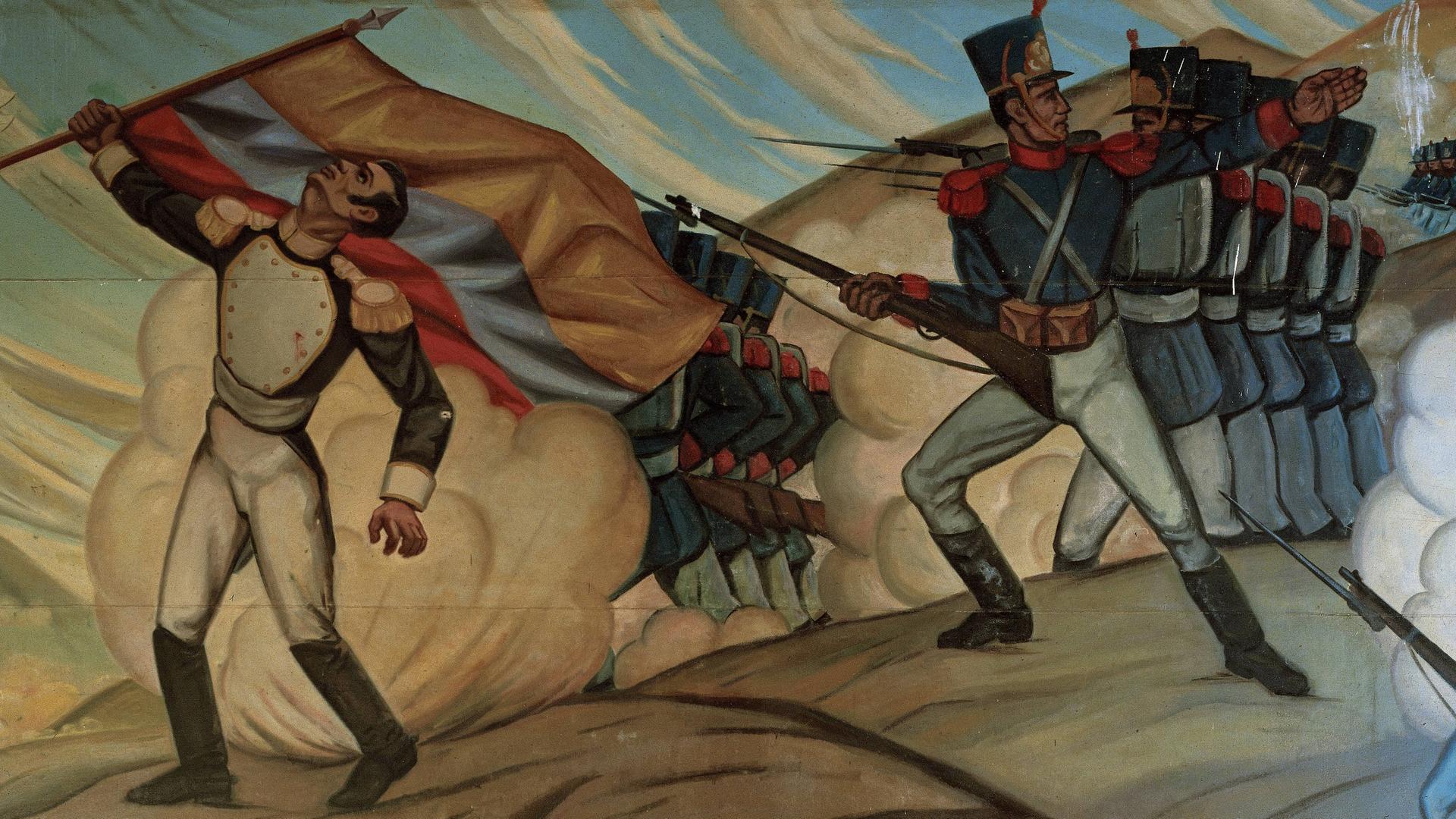 In der Schlacht von Pichincha besiegt Ecuador am 24. Mai 822 die spanischen Kolonialherren - Mural im Eloy Alfaro-Militärschul--Museum In der Schlacht von Pichincha besiegt Ecuador am 24. Mai 822 die spanischen Kolonialherren - Mural im Eloy Alfaro-Militärschul--Museum