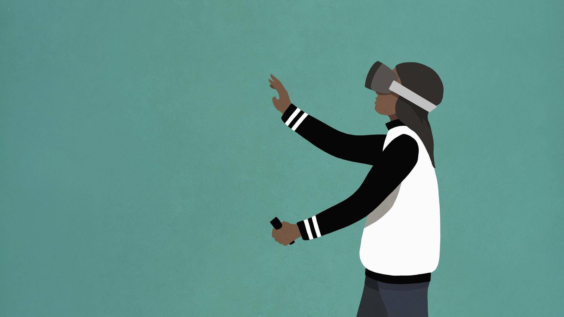 Illustration einer Frau mit ausgestreckten Händen und VR Brille in einem leeren Raum