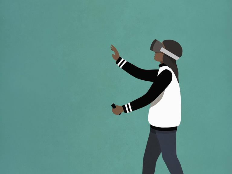 Illustration einer Frau mit ausgestreckten Händen und VR Brille in einem leeren Raum