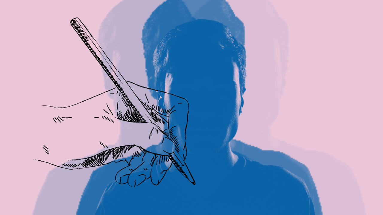 Ein zentrales Motiv in Maurice Blanchots Text ist die literarische Erfahrung, die für die Hausbewohner kein Vergnügen ist. Zu sehen: Eine Collage - Die Silouette eines jungen Mannes (blau mit rosa Hintergrund), davor eine Hand mit einem Schreibstift. Ein zentrales Motiv in Maurice Blanchots Text ist die literarische Erfahrung, die für die Hausbewohner kein Vergnügen ist. Zu sehen: Eine Collage - Die Silouette eines jungen Mannes (blau mit rosa Hintergrund), davor eine Hand mit einem Schreibstift.