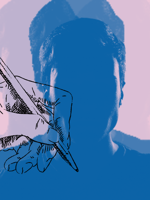 Ein zentrales Motiv in Maurice Blanchots Text ist die literarische Erfahrung, die für die Hausbewohner kein Vergnügen ist. Zu sehen: Eine Collage - Die Silouette eines jungen Mannes (blau mit rosa Hintergrund), davor eine Hand mit einem Schreibstift.