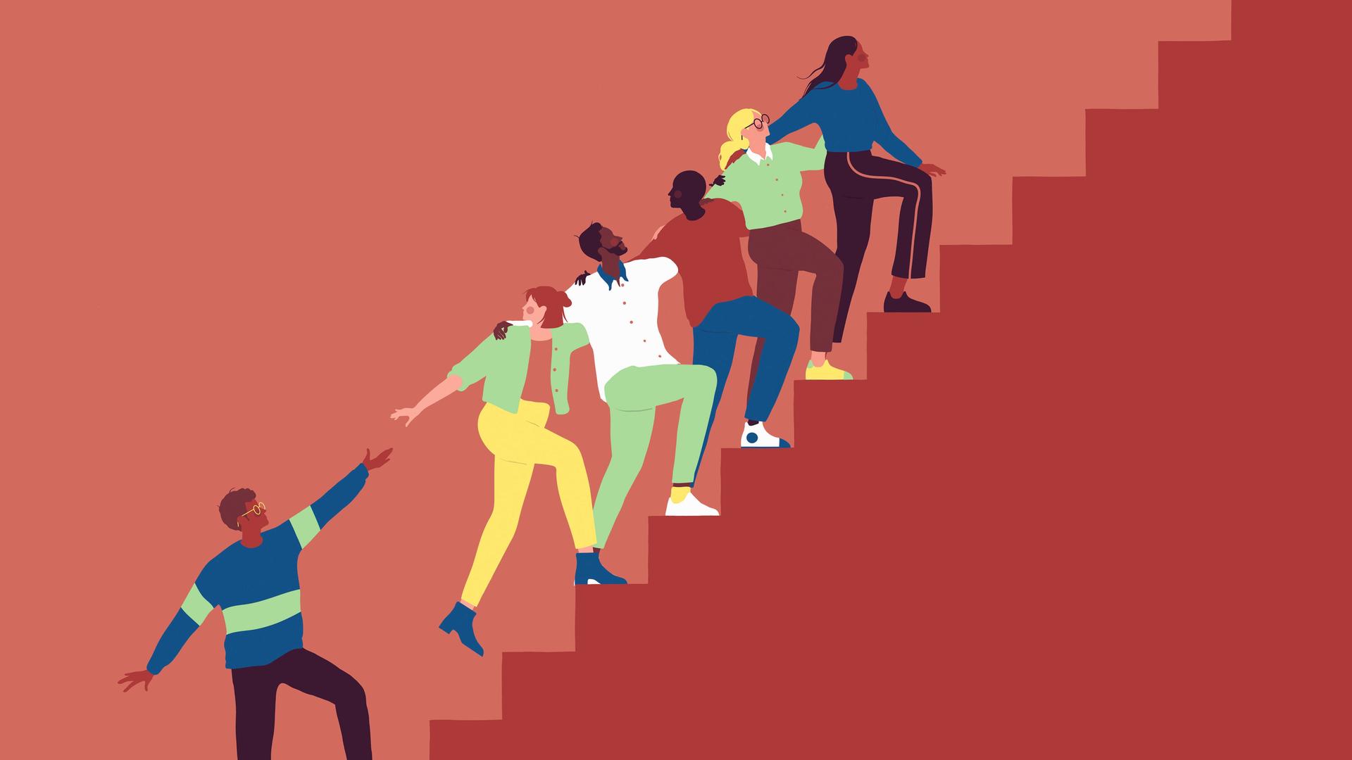 Illustration: Frauen und Männer helfen sich gegenseitig auf einer Treppe nach oben. Illustration: Frauen und Männer helfen sich gegenseitig auf einer Treppe nach oben.