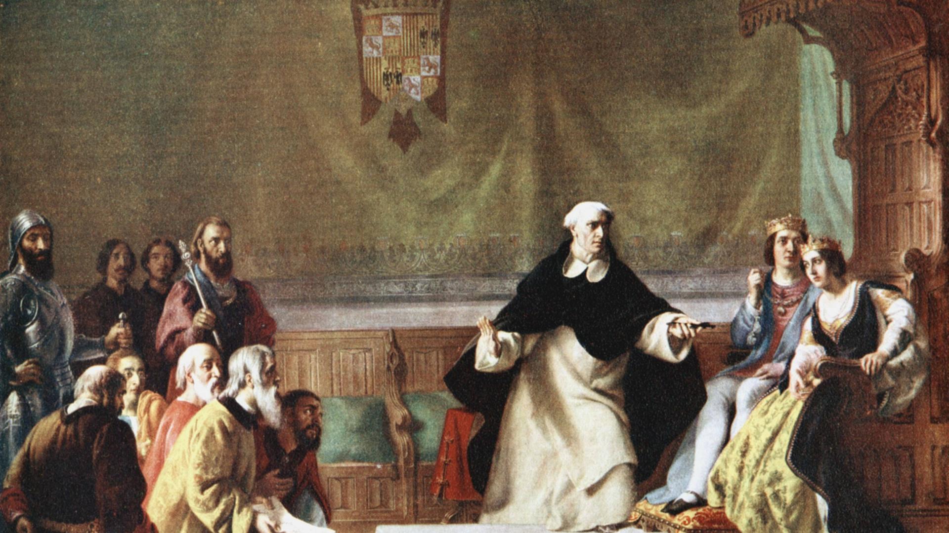 Die Vertreibung der Juden aus Spanien, 1492 Vertreibung der Juden aus Spanien, 1492. Künstlerische Darstellung: Ferdinand und Isabella werden um Gnade gebeten, aber ein Prälat hält ihnen warnend ein Kreuz vor die Nase.Gemälde eines unbekannten Künstlers Die Vertreibung der Juden aus Spanien, 1492 Vertreibung der Juden aus Spanien, 1492. Künstlerische Darstellung: Ferdinand und Isabella werden um Gnade gebeten, aber ein Prälat hält ihnen warnend ein Kreuz vor die Nase.Gemälde eines unbekannten Künstlers