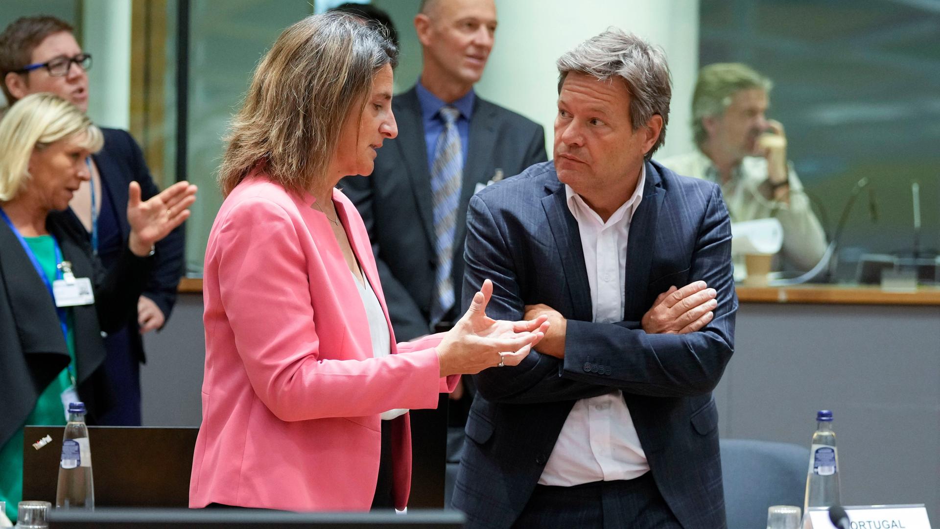 Bundeswirtschaftsminister Habeck spricht bei dem Treffen der EU-Energieminister in Brüssel mit der spanischen Ministerin für ökologischen Wandel, Teresa Ribera.