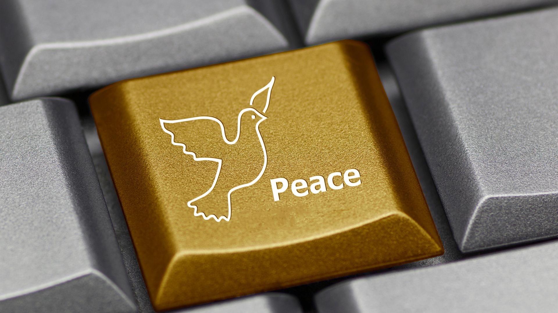 Eine graue Computer-Tastatur mit einer goldenen Friedenstaube darauf Eine graue Computer-Tastatur mit einer goldenen Friedenstaube darauf