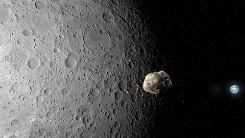 Ein Asteroid passiert den Mond und nähert sich der Erde (Künstlerische Darstellung) 
