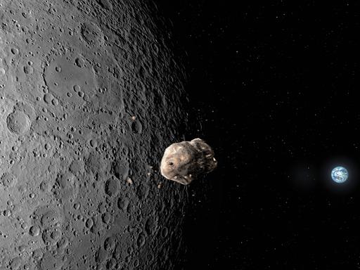 Ein Asteroid passiert den Mond und nähert sich der Erde (Künstlerische Darstellung) 