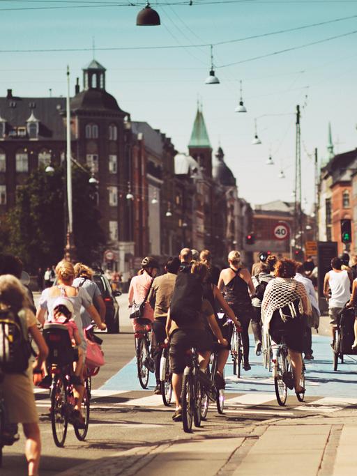 Viele Fahradfahrer auf der Noerrebrogade Strasse in Kopenhagen.