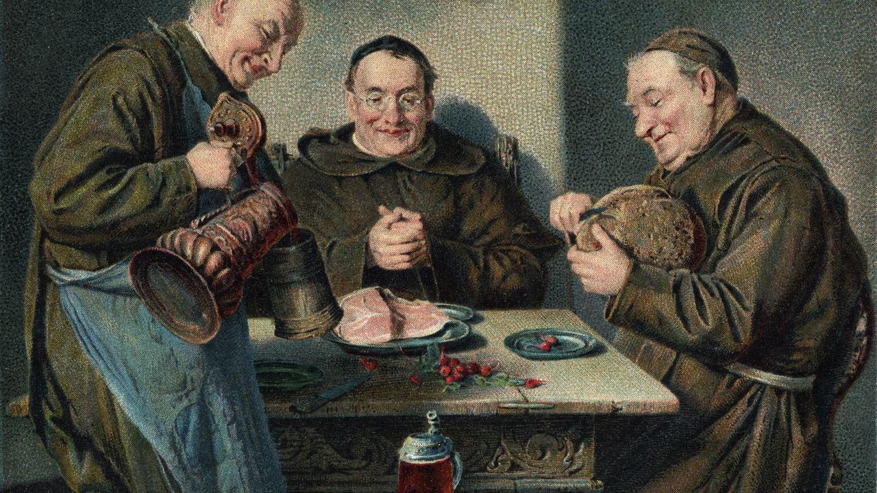 "Un bon repas" ("Eine gute Mahlzeit") - Stich nach einem Gemälde von Eduard von Grützner (1846-1925)