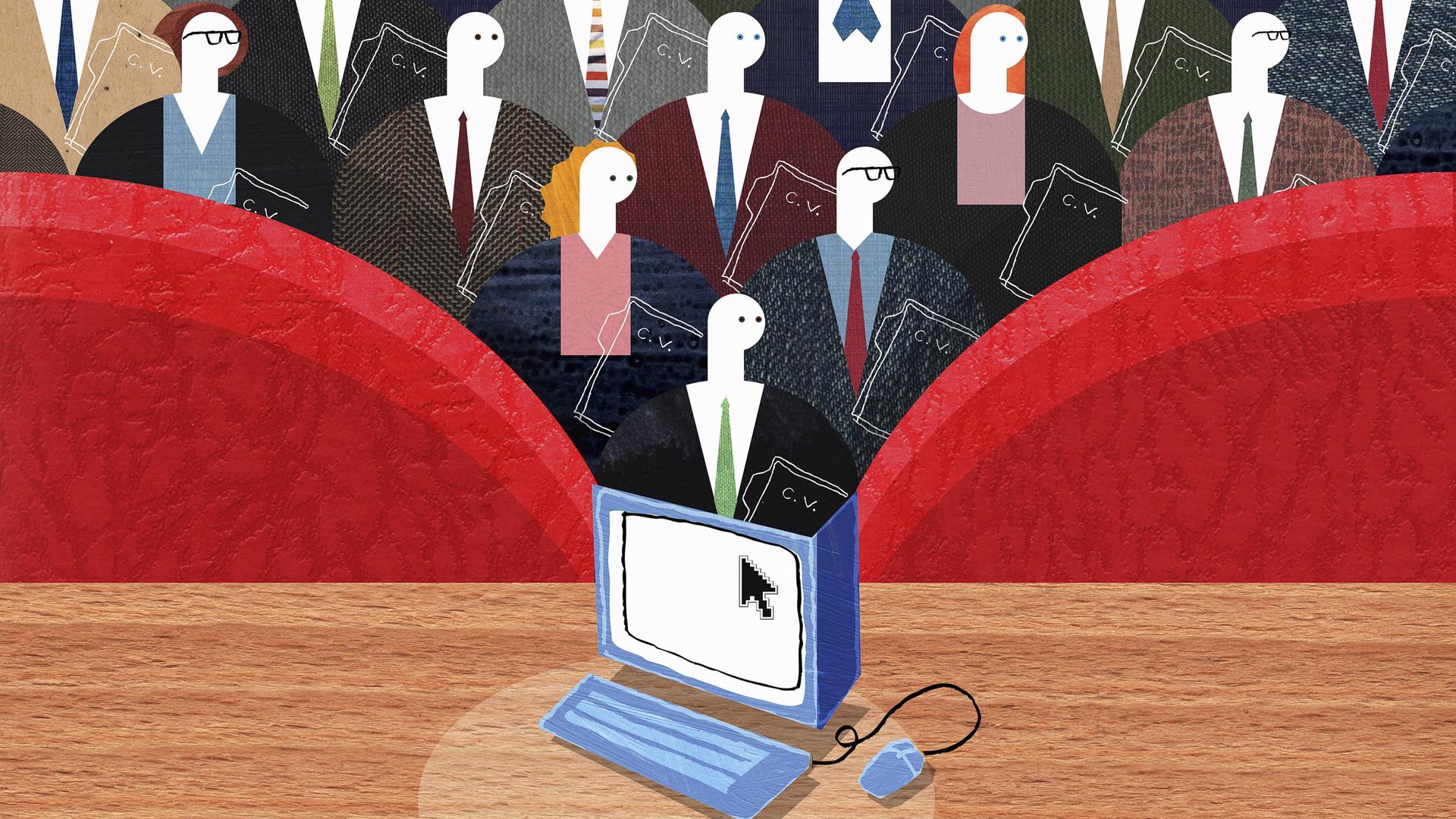 Illustration: Frauen und Männer strömen aus einem Computermonitor. Illustration: Frauen und Männer strömen aus einem Computermonitor.