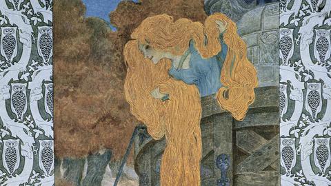 Eine historische Illustration zeigt eine blonde Frau, die von einem Turm ihr goldenes Haar herablsäßt. 