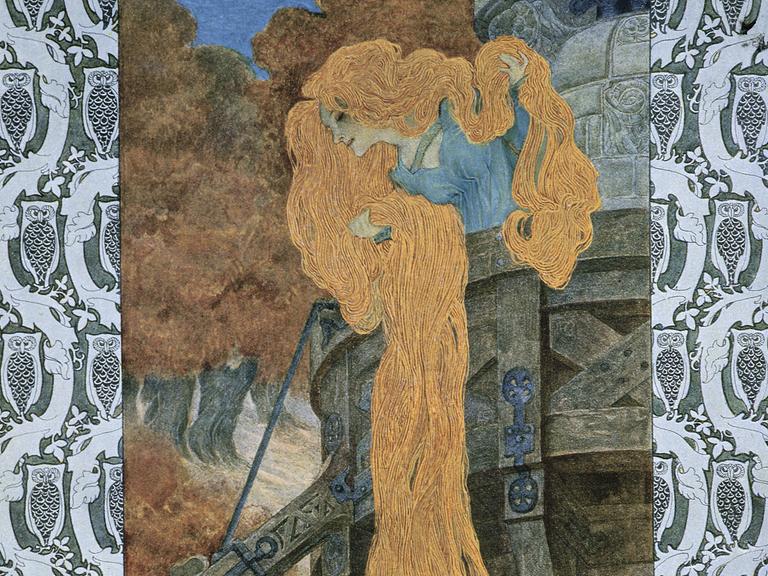 Eine historische Illustration zeigt eine blonde Frau, die von einem Turm ihr goldenes Haar herablsäßt. 