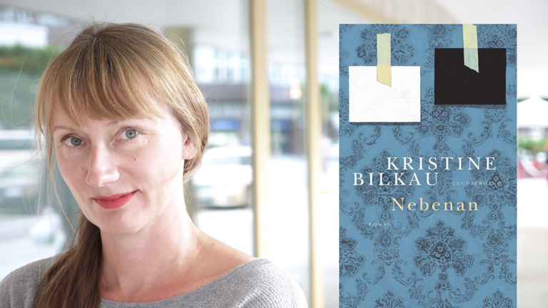 Die Autorin Kristine Bilkau und das Cover ihres Romans " Nebenan"