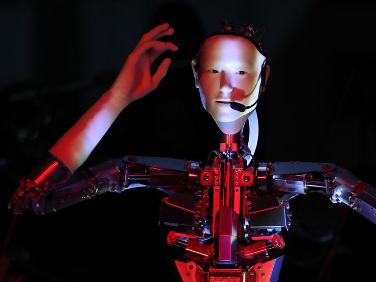 Ein Roboter mit menschlichem Gesicht, menschlichen Händen, aber mechanischen Armen und Körper.