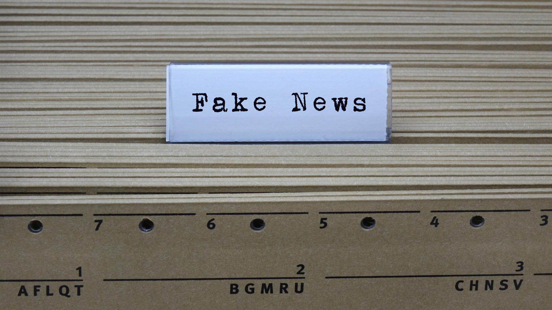 An einem Hängeregister steht der Schriftzug Fake News. An einem Hängeregister steht der Schriftzug Fake News.
