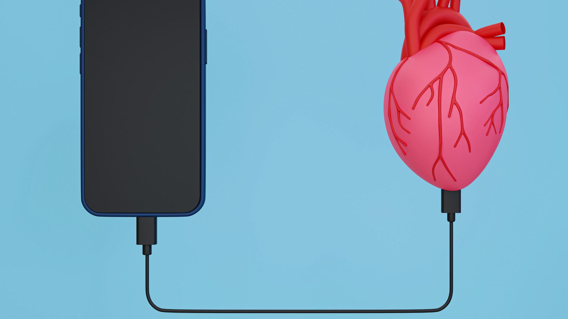 Illustration: Eine Steckerverbindung zwischen einem menschlichen Herz und einem Mobiltelefon.