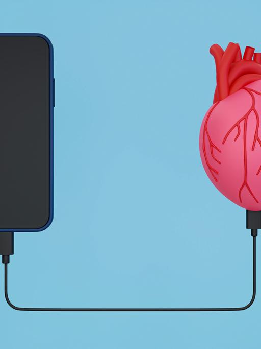 Illustration: Eine Steckerverbindung zwischen einem menschlichen Herz und einem Mobiltelefon.