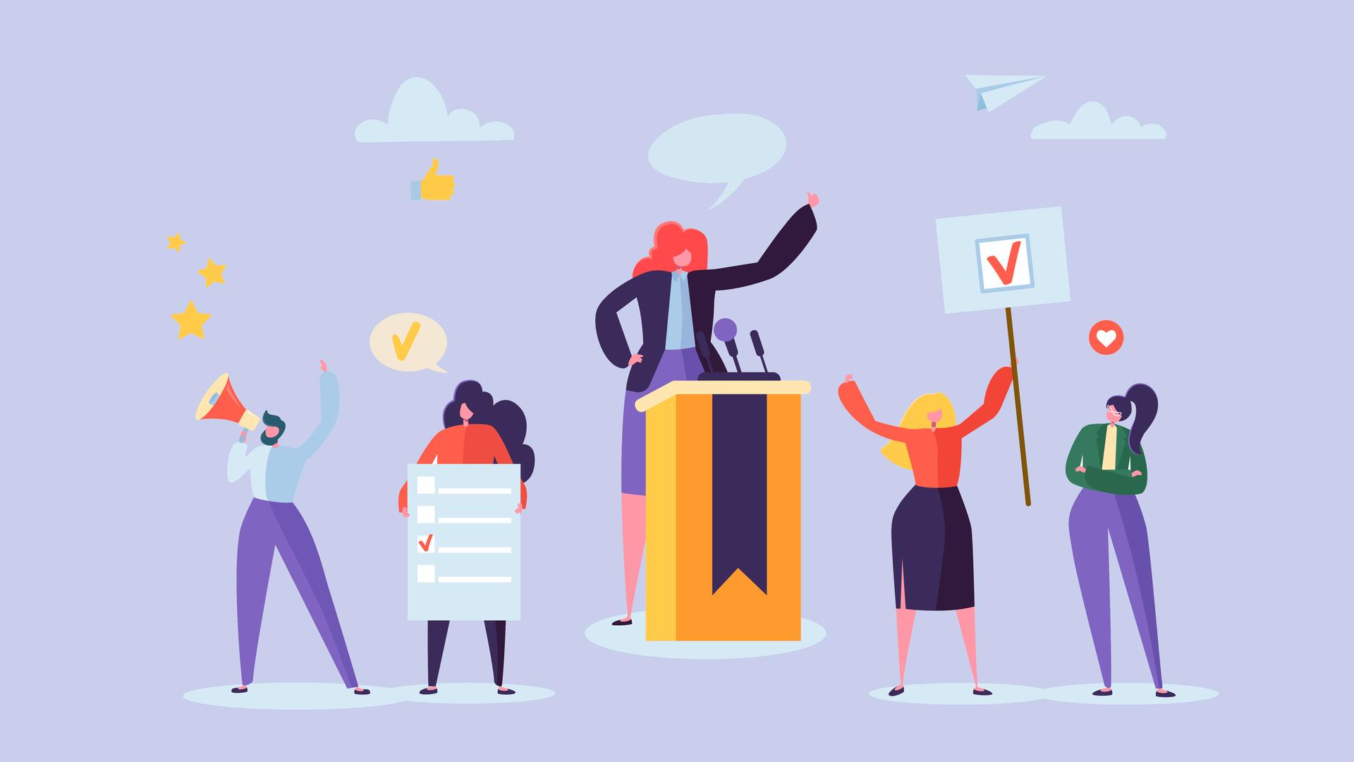 Illustration: Politische Veranstaltung mit einer weiblichen Kandidatin am Redepult. Weibliche WählerInnen mit Megaphon, Schildern und Wahlplakaten. Illustration: Politische Veranstaltung mit einer weiblichen Kandidatin am Redepult. Weibliche WählerInnen mit Megaphon, Schildern und Wahlplakaten.