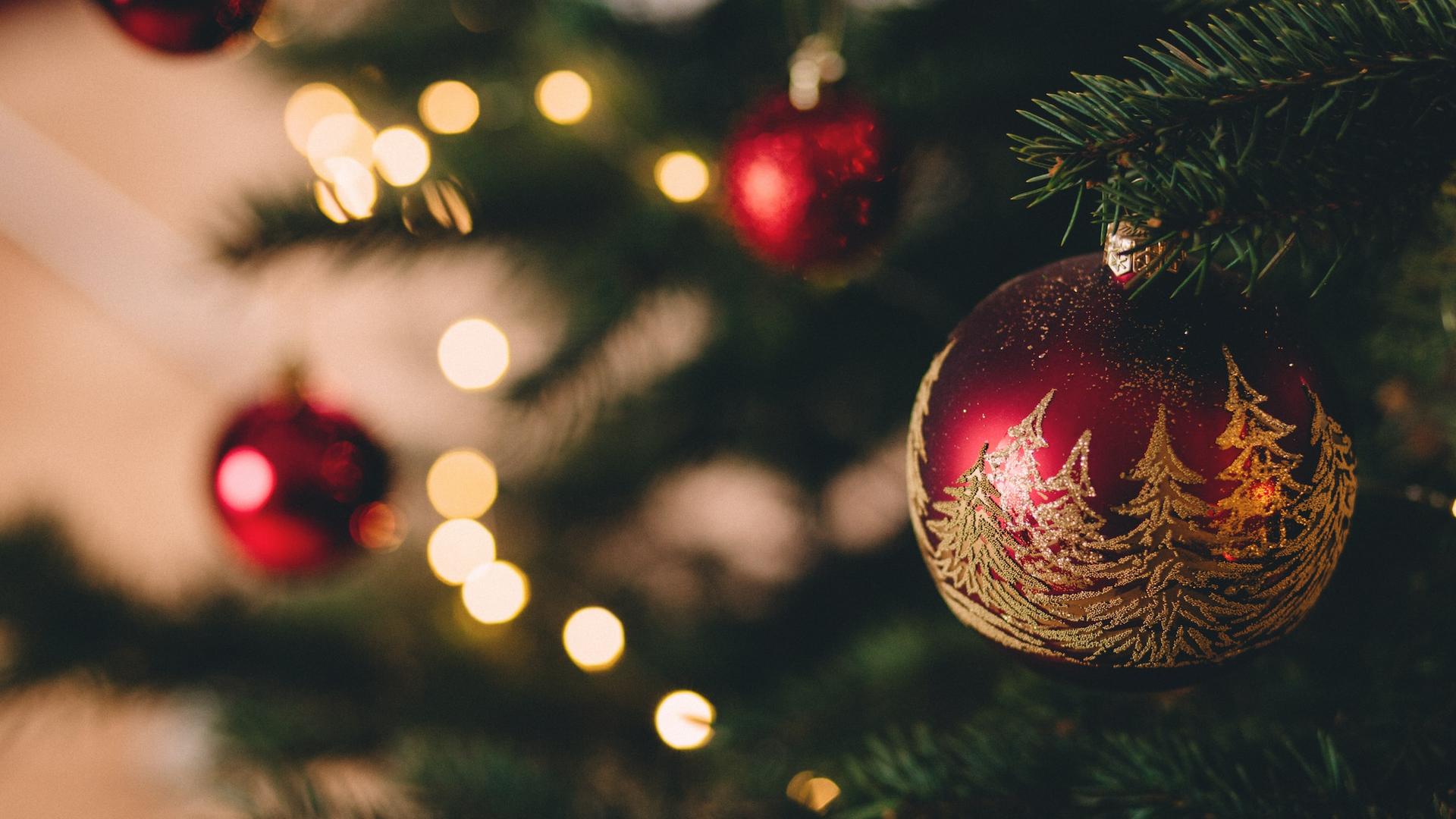 Im Vordergrund eine rote Christbaumkugel, die mit goldenen Tannen bemalt ist. Sie hängt an einem grünen Tannenbaum, der mit einer Lichterkette geschmückt wurde. Im Vordergrund eine rote Christbaumkugel, die mit goldenen Tannen bemalt ist. Sie hängt an einem grünen Tannenbaum, der mit einer Lichterkette geschmückt wurde.