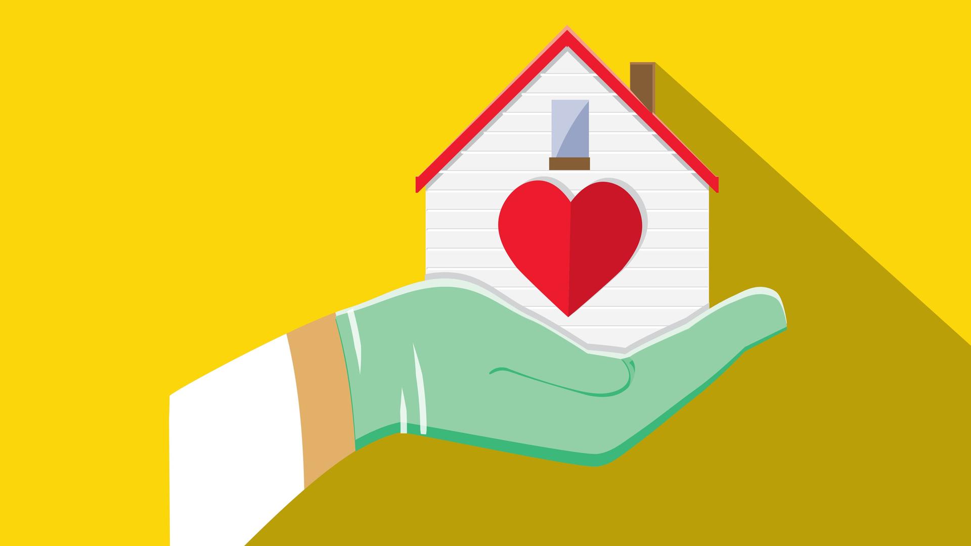 Illustration: Die Hand einer Krankenschwester hält ein Haus mit Herzsymbol. Illustration: Die Hand einer Krankenschwester hält ein Haus mit Herzsymbol.