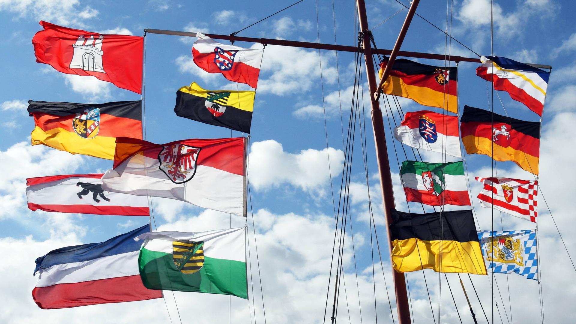 Die Fahnen der 16 deutschen Bundesländer wehen am Tag der Deutschen Einheit bei Kestert im Rhein-Lahn-Kreis in Rheinland-Pfalz. Die Fahnen der 16 deutschen Bundesländer wehen am Tag der Deutschen Einheit bei Kestert im Rhein-Lahn-Kreis in Rheinland-Pfalz.