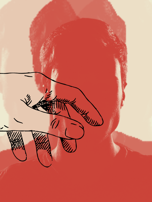 Die Welt, die Maurice Blanchot in seinem Text erschafft, wagt sich deutlich ins Obskure vor. Zu sehen: Eine Collage - Die Silouette eines jungen Mannes (in rot mit gelbem Hintergrund), davor winkt eine gezeichnete Hand. 