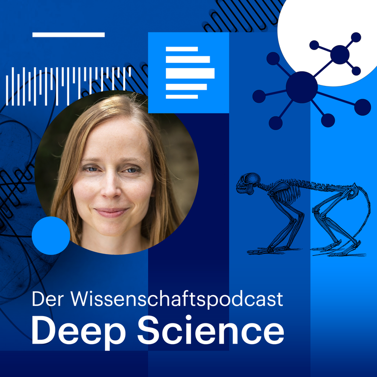 Das Logo des Wissenschaftspodcast Deep Science zeigt die Autorin Sophie Stigler in einer Bildcollage aus wissenschaftlichen Zeichnungen