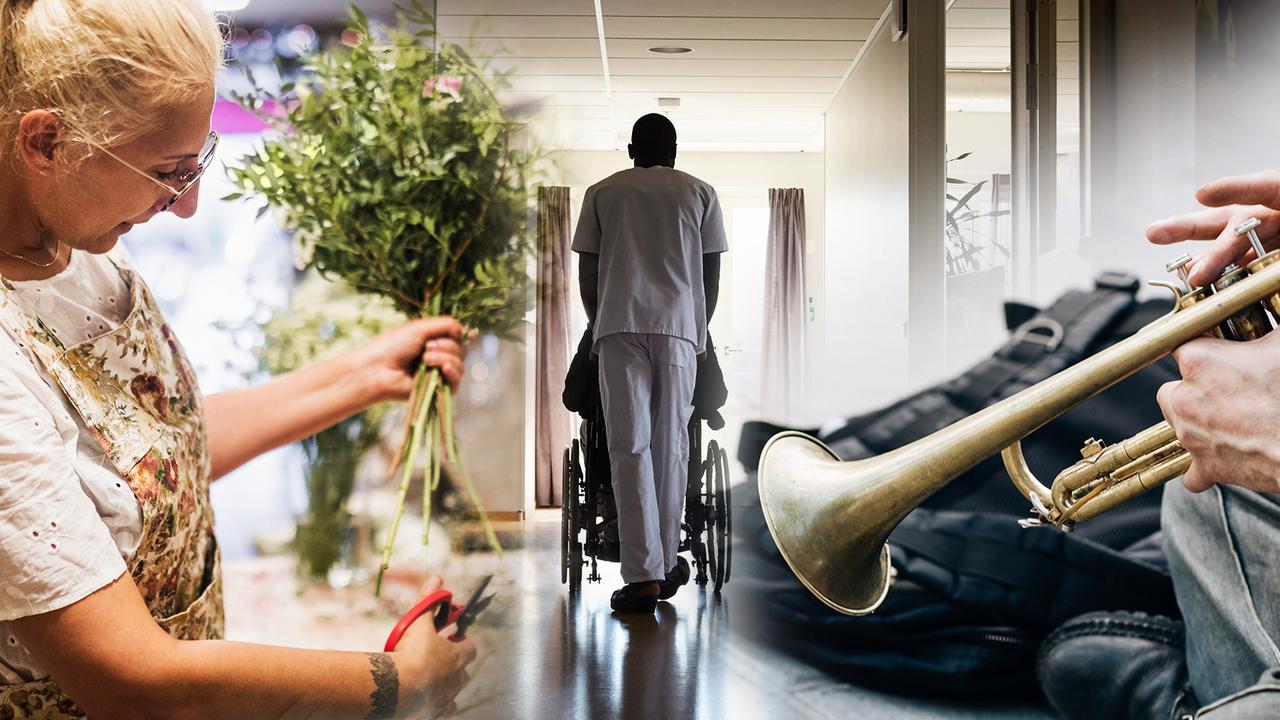 Eine Collage aus drei Bildern zeigt Menschen in Ausübung ihrer Berufe: eine Floristin, ein Krankenpfleger und ein Musiker