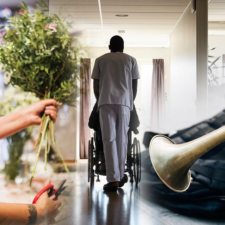 Eine Collage aus drei Bildern zeigt Menschen in Ausübung ihrer Berufe: eine Floristin, ein Krankenpfleger und ein Musiker