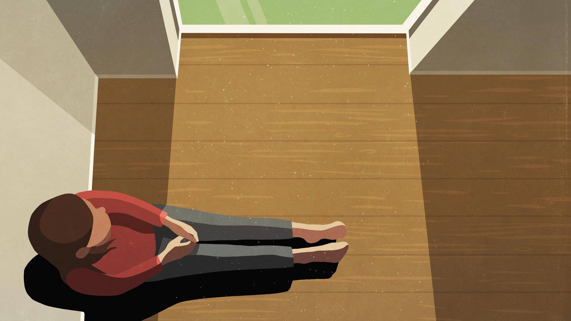 Illustration einer Frau, die allein in einer Wohnung sitzt und aus dem Fenster schaut. Illustration einer Frau, die allein in einer Wohnung sitzt und aus dem Fenster schaut.