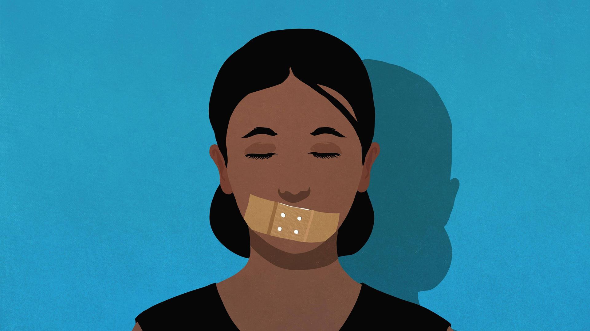 Illustration eines Pflasters, das über den Mund einer Frau geklebt wurde. Illustration eines Pflasters, das über den Mund einer Frau geklebt wurde.