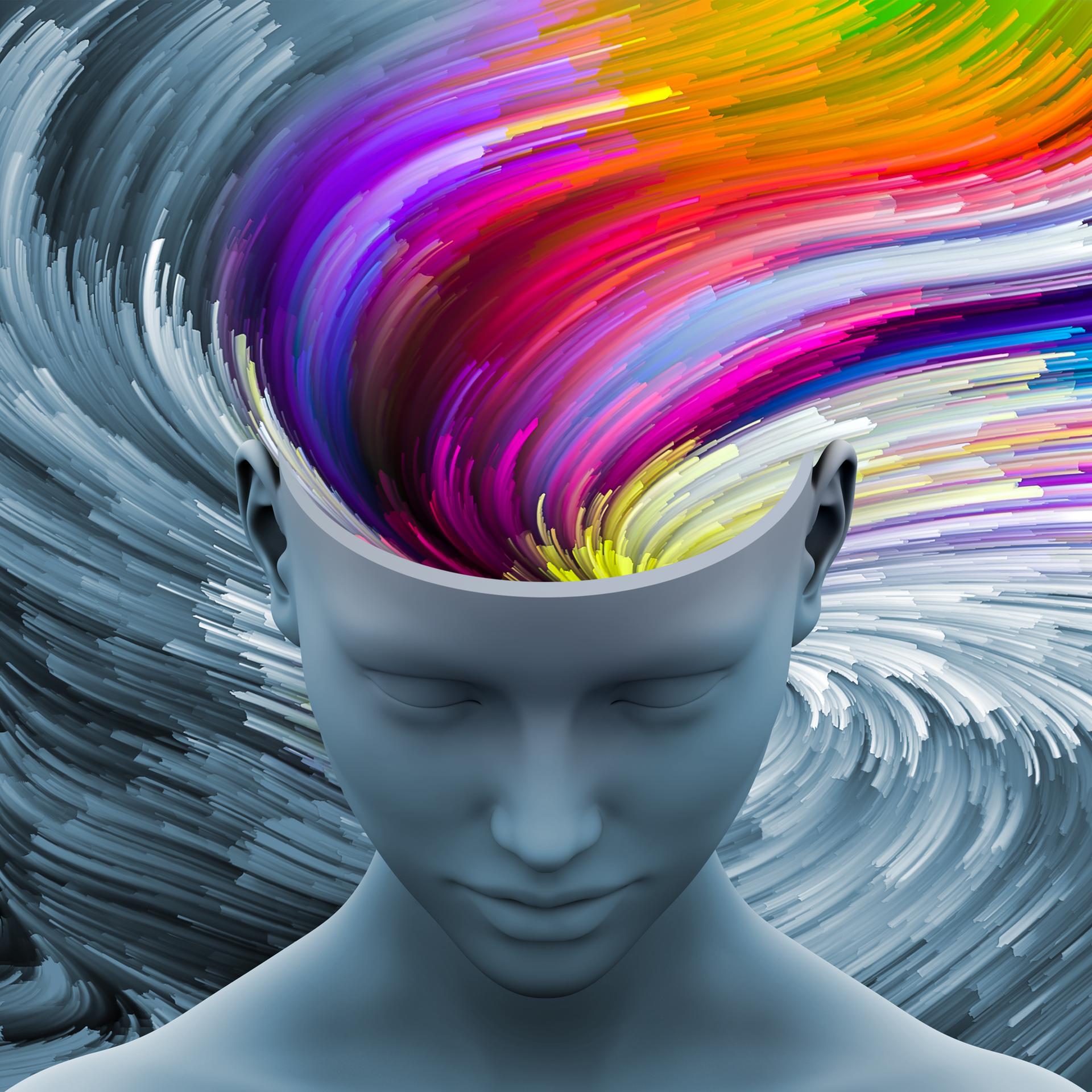 3D-Illustration eines menschlichen Kopfes voller leuchtender Farben.