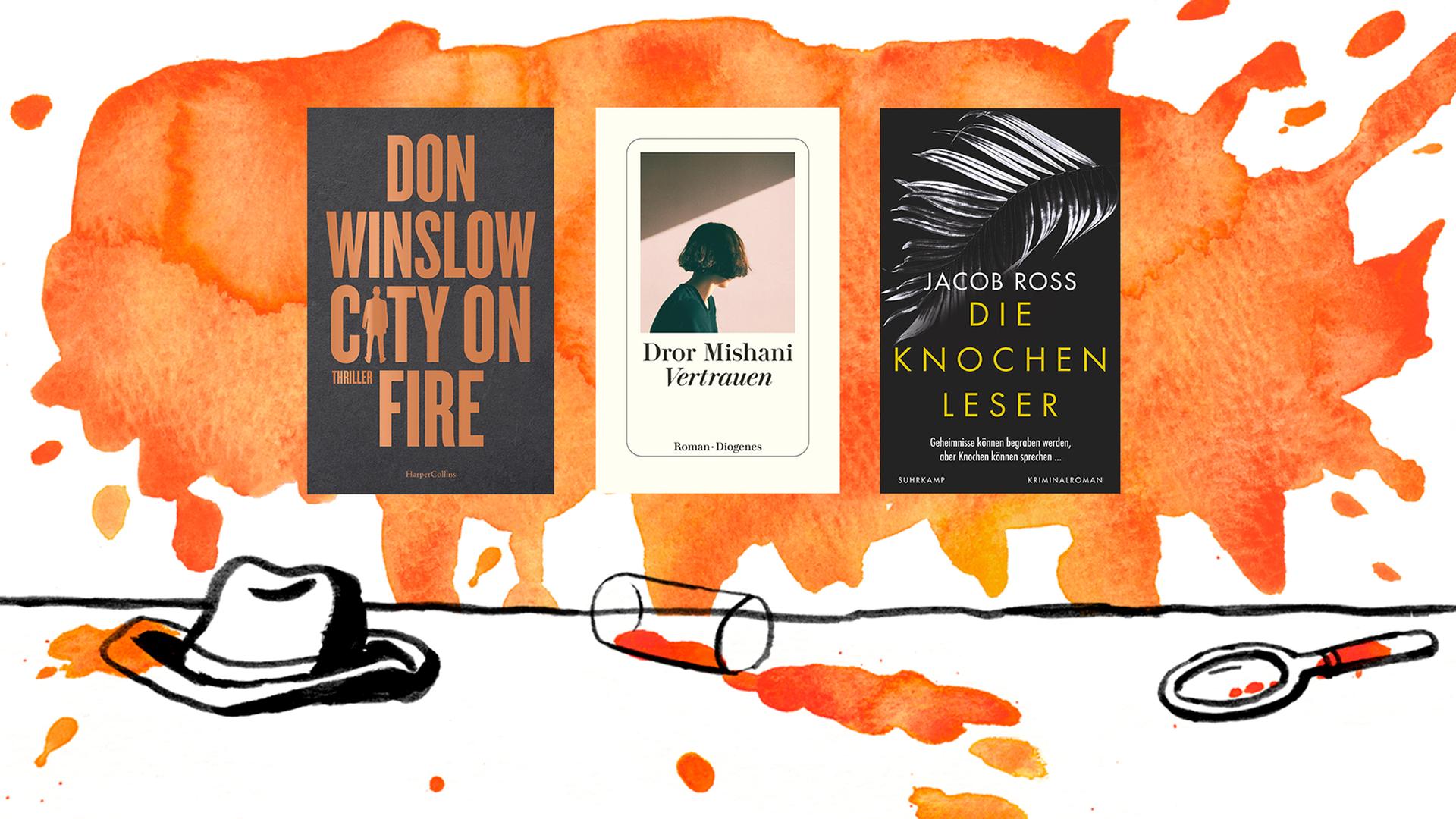Die Krimibestenliste im Juni 2022 von links nach rechts: Don Winslow: "City On Fire", Dror Mishani: "Vertrauen" und Jacob Ross: "Die Knochenleser". Die Krimibestenliste im Juni 2022 von links nach rechts: Don Winslow: "City On Fire", Dror Mishani: "Vertrauen" und Jacob Ross: "Die Knochenleser".