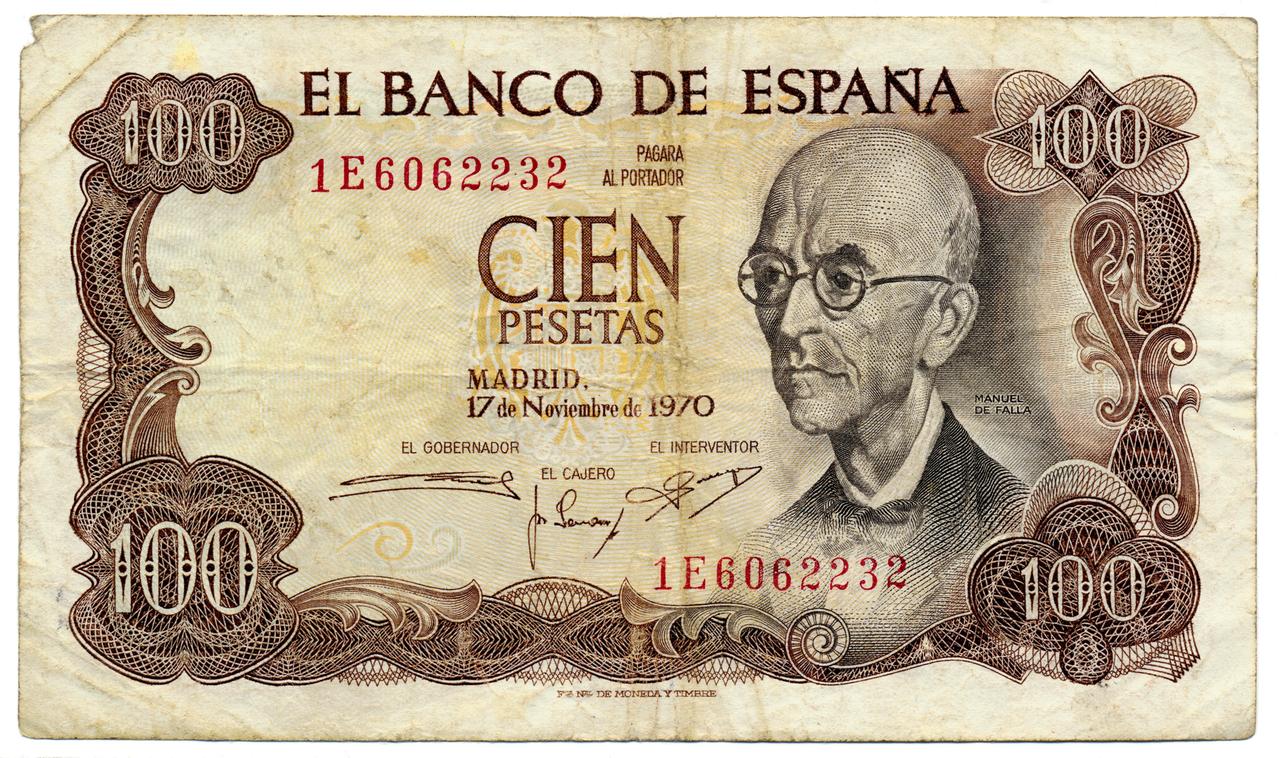Historische 10-Peseten-Banknote des spanischen Komponisten Manuel de Falla