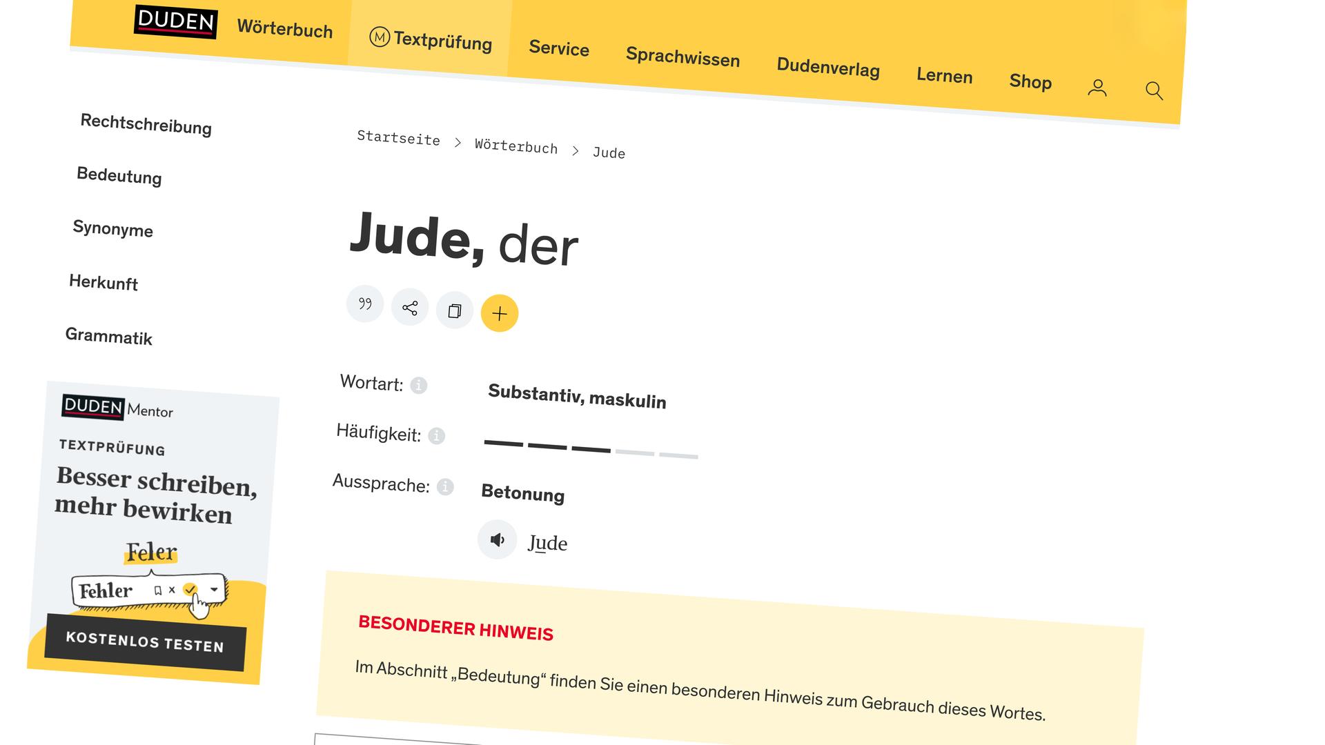 Screenshot des Eintrags zu "Jude" auf duden.de. Screenshot des Eintrags zu "Jude" auf duden.de.